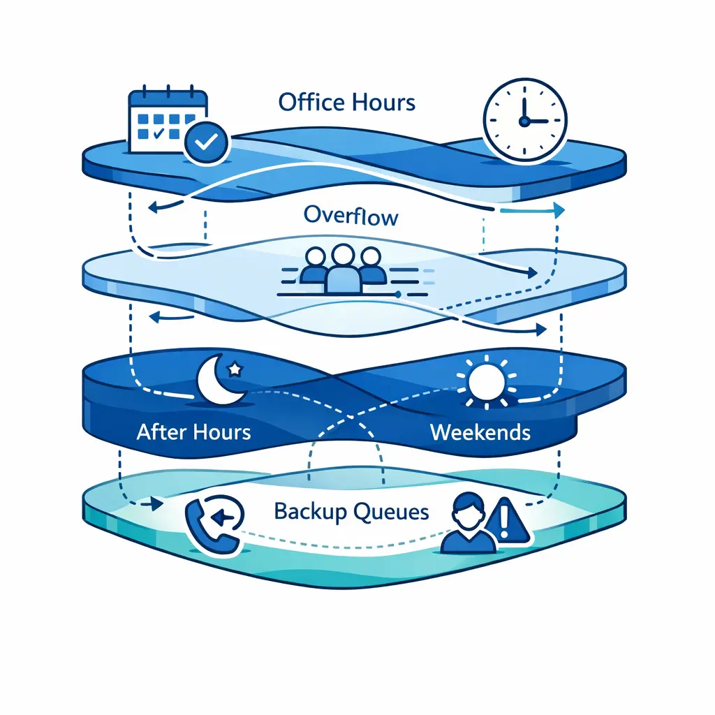A layered coverage map visualizes office hours, overflow, after-hours, and backup routing with simple enterprise icons.