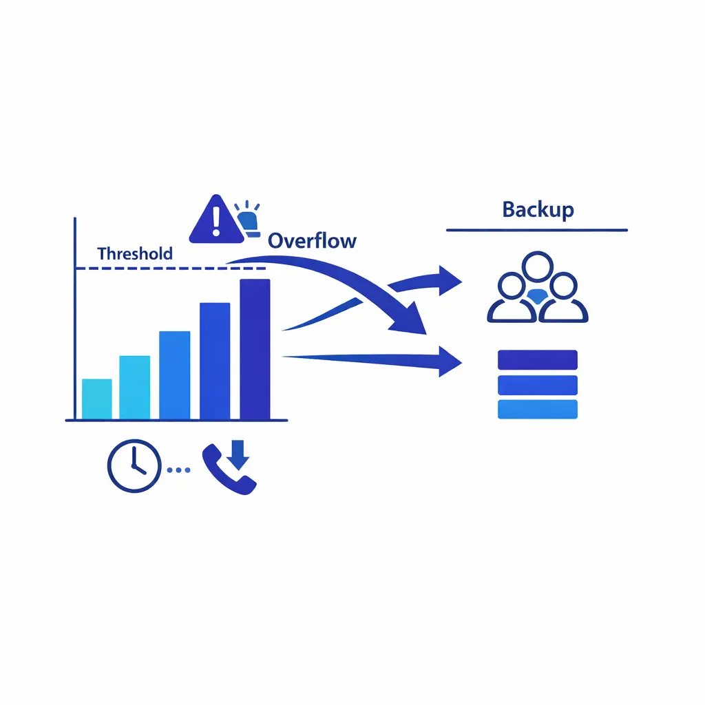 Queue bars rise toward a threshold while overflow routing activates backup support before abandonment spikes.