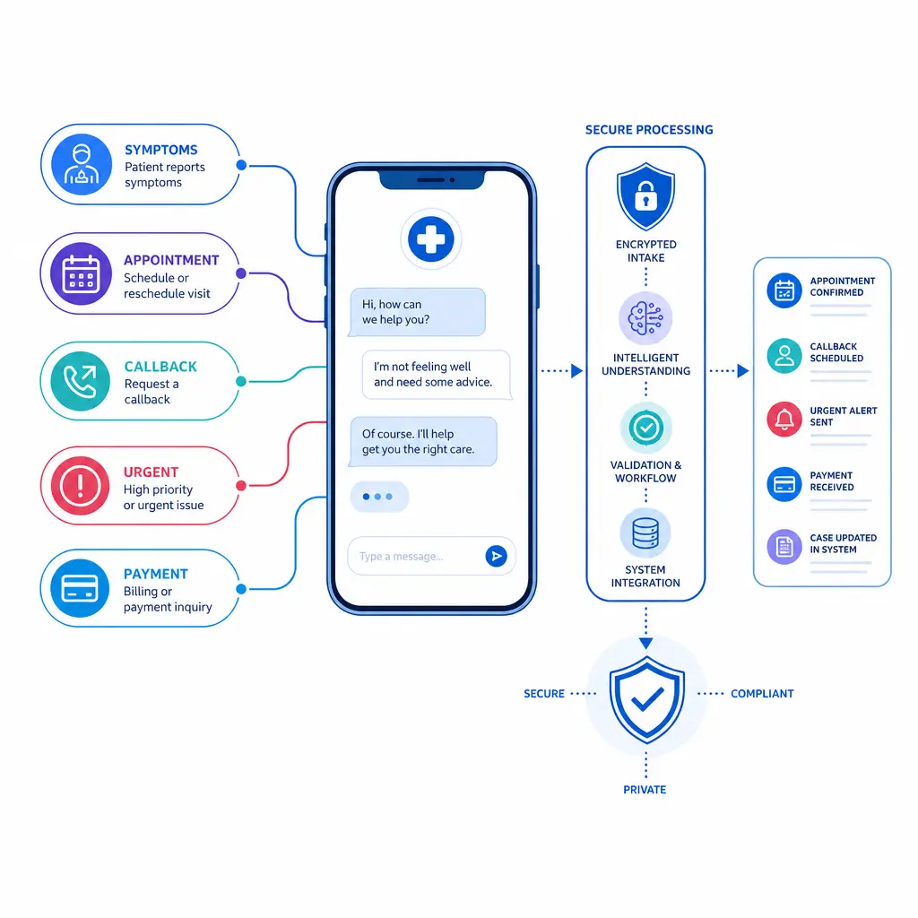A phone workflow illustrates how symptoms, scheduling, and callback data quickly become sensitive information.