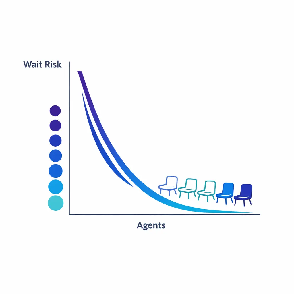 A queue line drops sharply as more agents are added, illustrating the staffing tipping point.