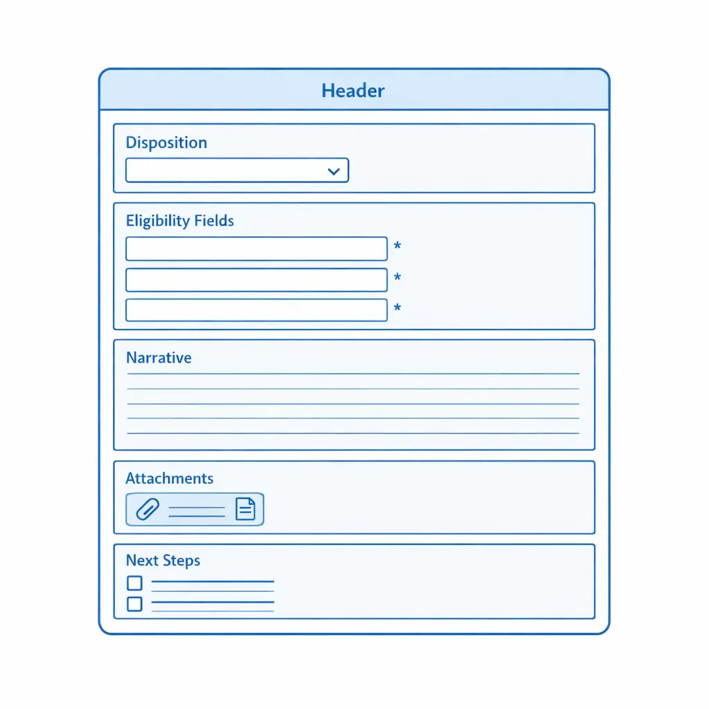 A structured intake form layout highlights required fields, disposition, narrative, and attachments.