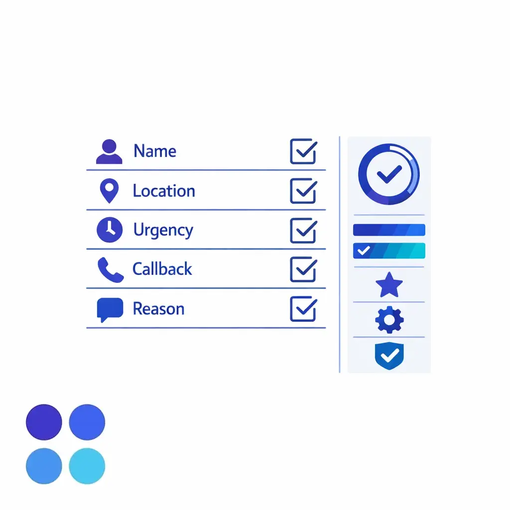 A clean intake checklist grid highlights caller name, location, urgency, callback, and reason for call.