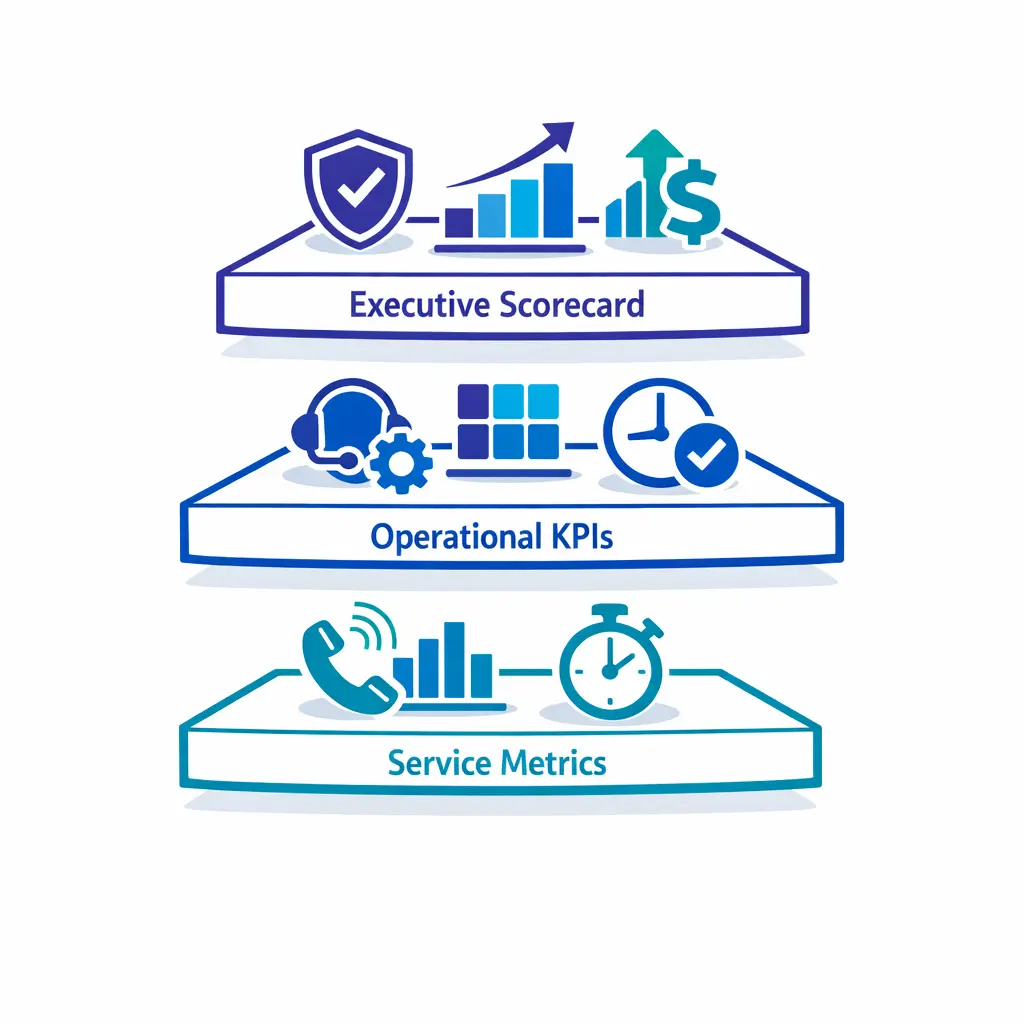 Three stacked layers distinguish customer experience metrics, call center KPIs, and executive scorecards in a simple hierarchy.