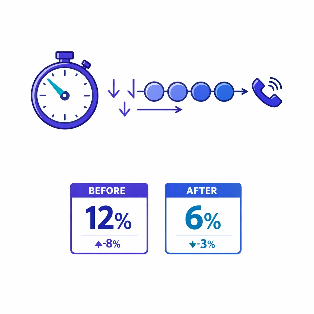 A stopwatch and call queue graphic show how excluding immediate hangups changes the abandonment rate.