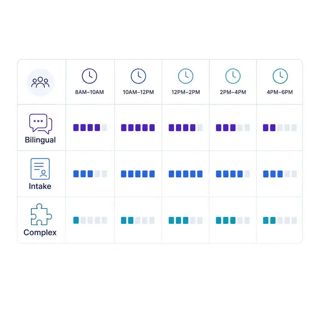 A staffing grid maps bilingual, intake, and complex skills to the intervals that need coverage most.