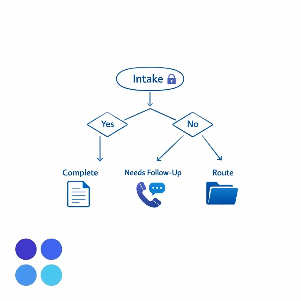 A decision tree captures case facts and routes to the right team without implying legal advice.