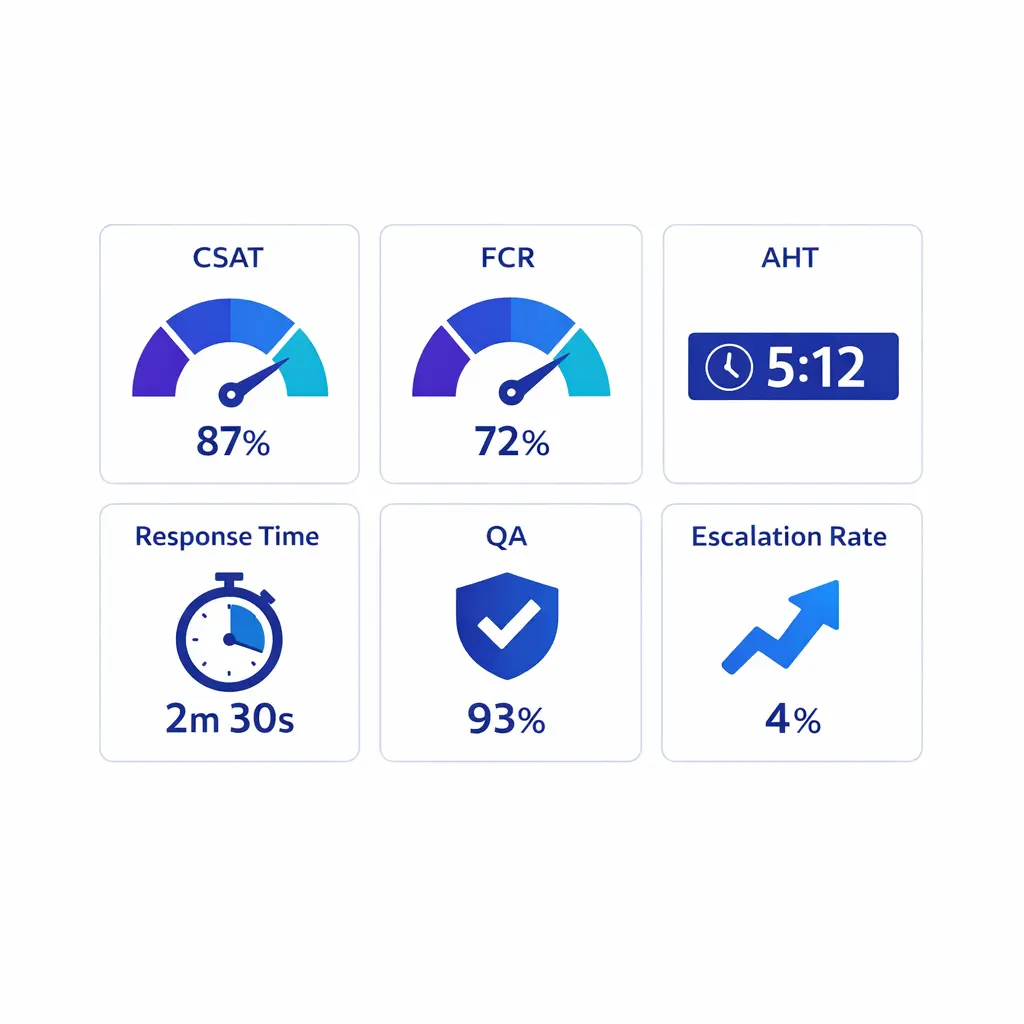A compact scorecard shows CSAT, FCR, AHT, response time, QA, and escalation rate as neat blue gauges.