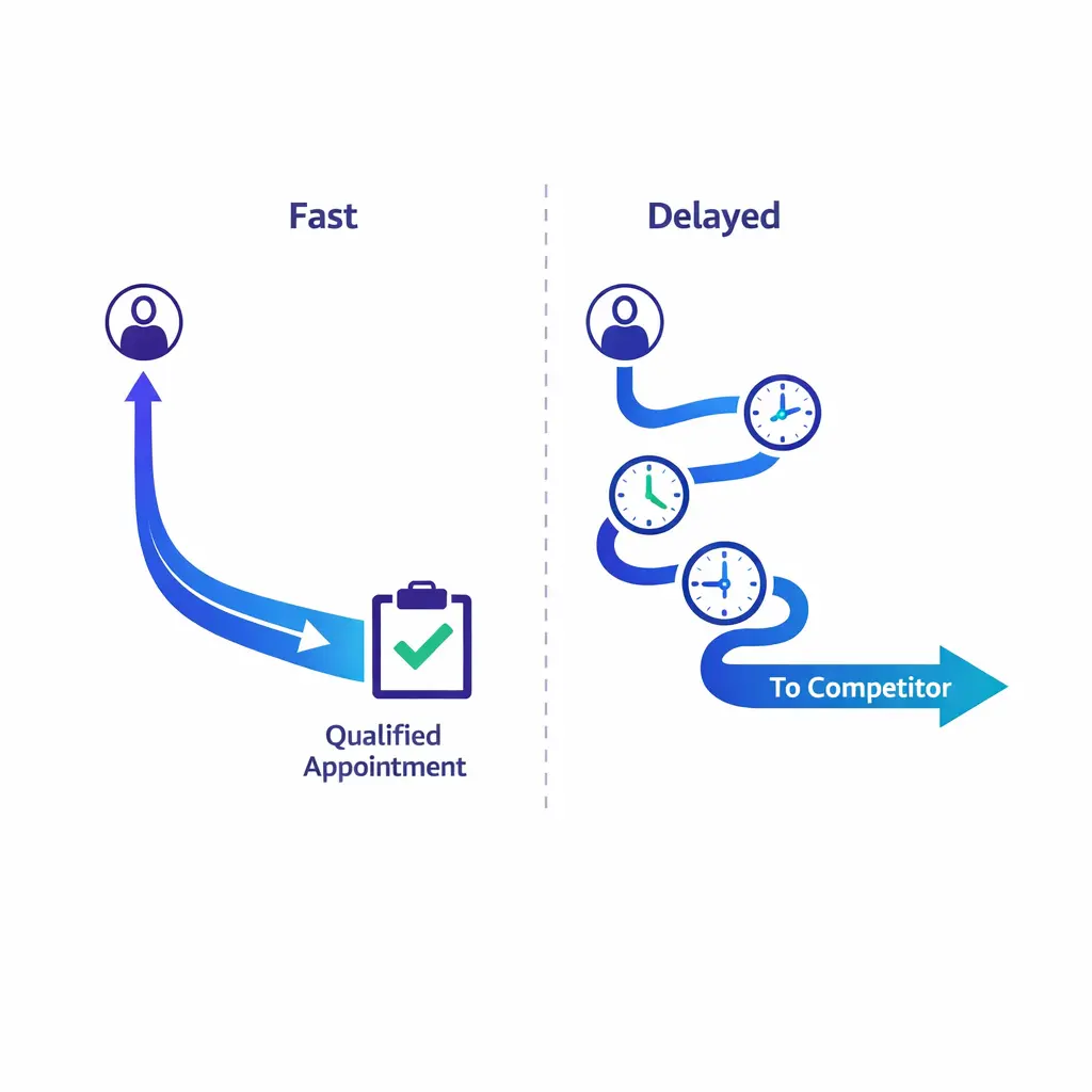 Two response timelines compare immediate follow-up with delayed follow-up, showing a big conversion gap.