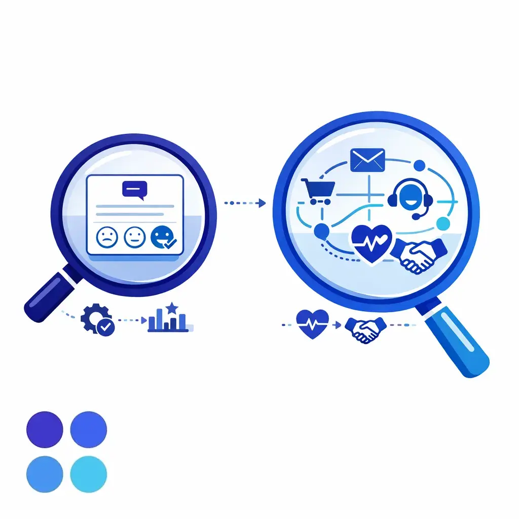 Two simple lenses compare a single support moment with the broader customer relationship.