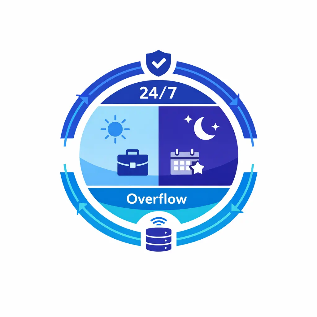 A day-to-night coverage timeline shows business hours, after-hours, weekends, and overflow support as coordinated layers.