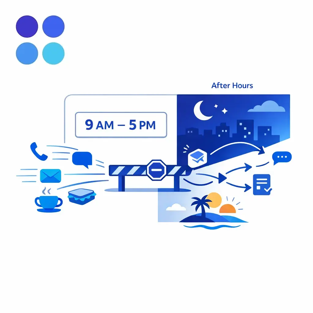 A moon-and-clock scene shows inbound calls arriving outside office hours and turning away unanswered.