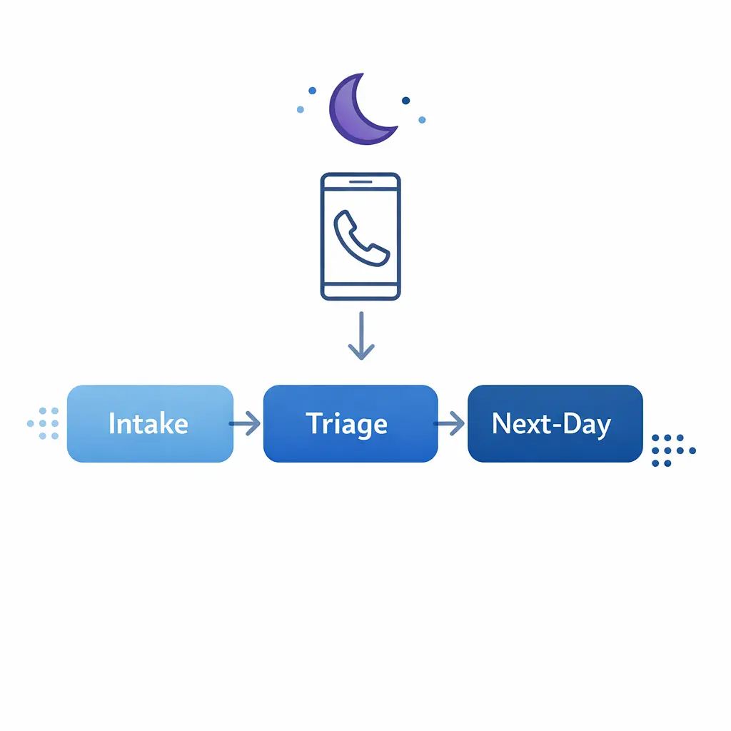 A moon icon indicates after-hours calls flowing into intake, then to next-day follow-up and scheduling.