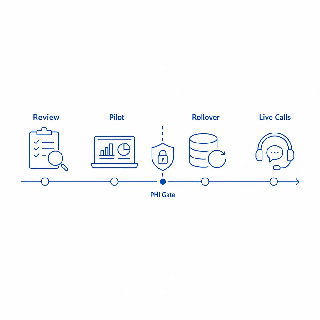 A phased launch timeline highlights that privacy review must happen before pilot, rollover, and live patient calls.