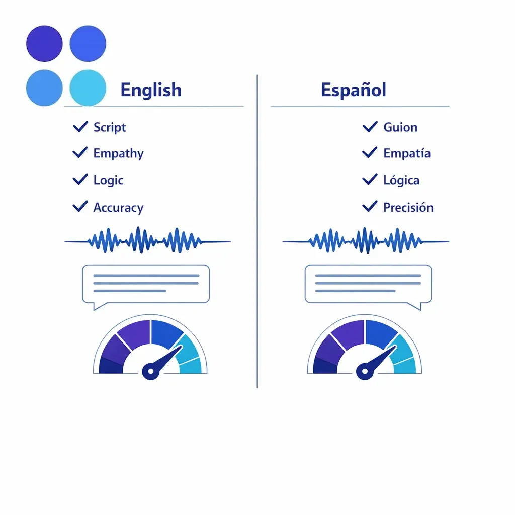 A balanced QA scorecard compares English and Spanish scripts, call scoring, and message accuracy side by side.