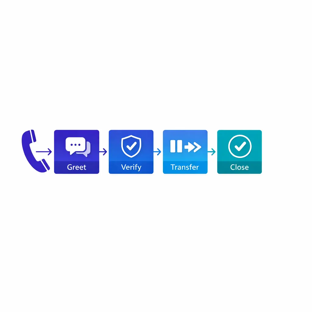 A clean phone workflow shows greeting, hold, transfer, and close as one controlled sequence.