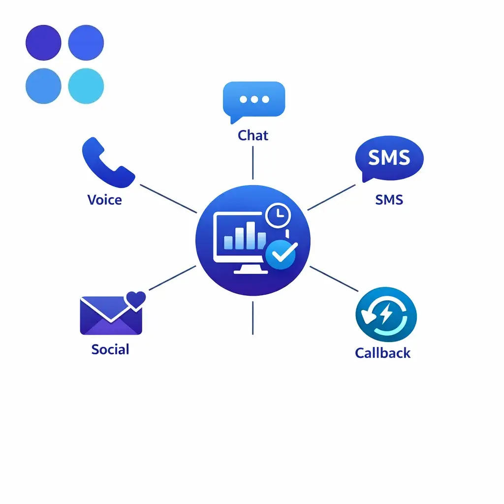 Phone, chat, SMS, social, and callbacks connect into one coordinated support model.