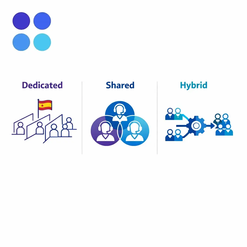 Three side-by-side service models compare dedicated queue, shared bilingual agents, and hybrid coverage.
