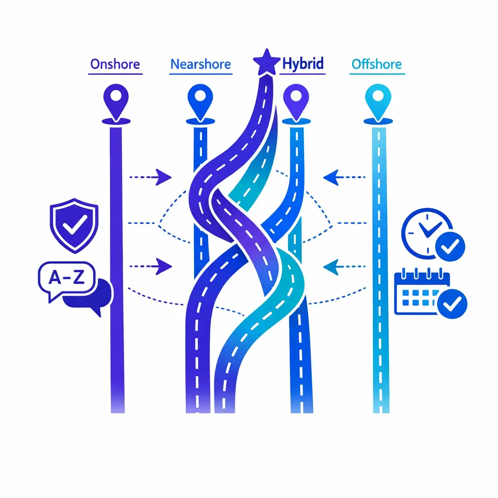 Three clean service model lanes compare onshore, nearshore, offshore, and hybrid support paths.