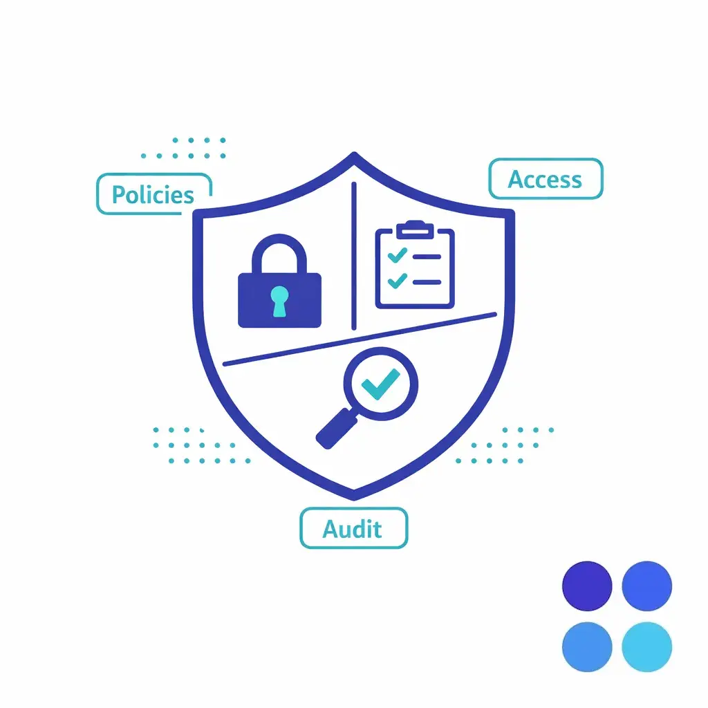 A shield and checklist diagram representing security controls, policies, and audits for regulated call handling.