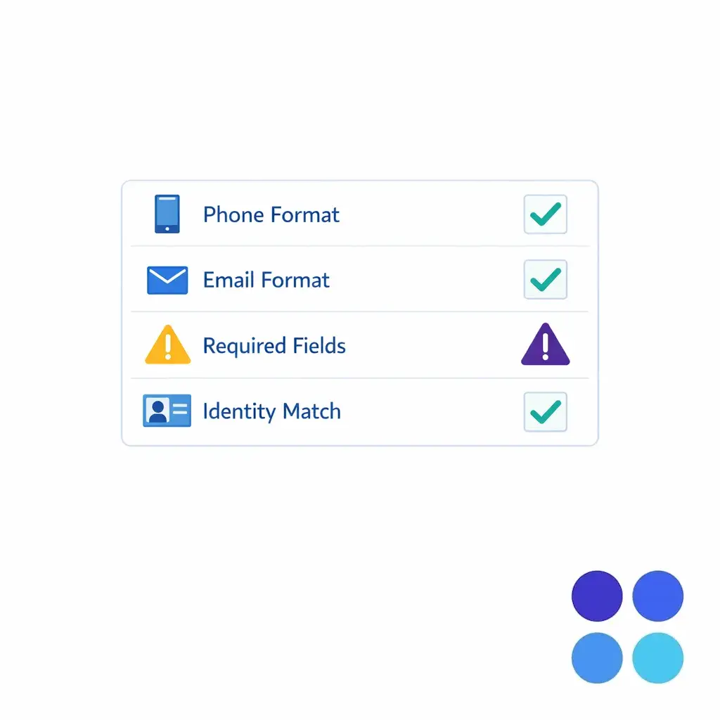 A validation checklist flags missing phone, email, demographics, and location before a record is handed off.