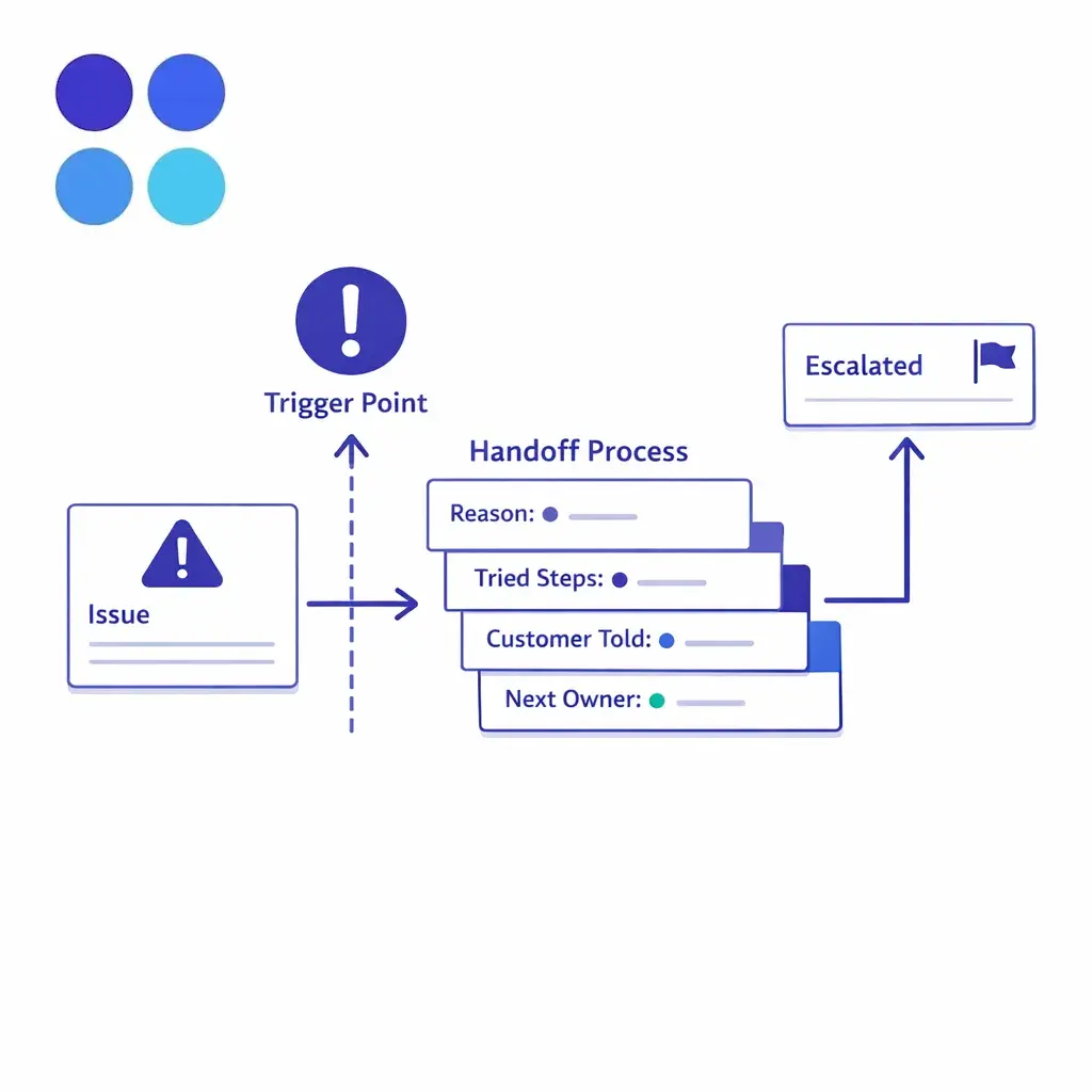 A support issue moves through a clear handoff path with notes, ownership, and next-step markers.