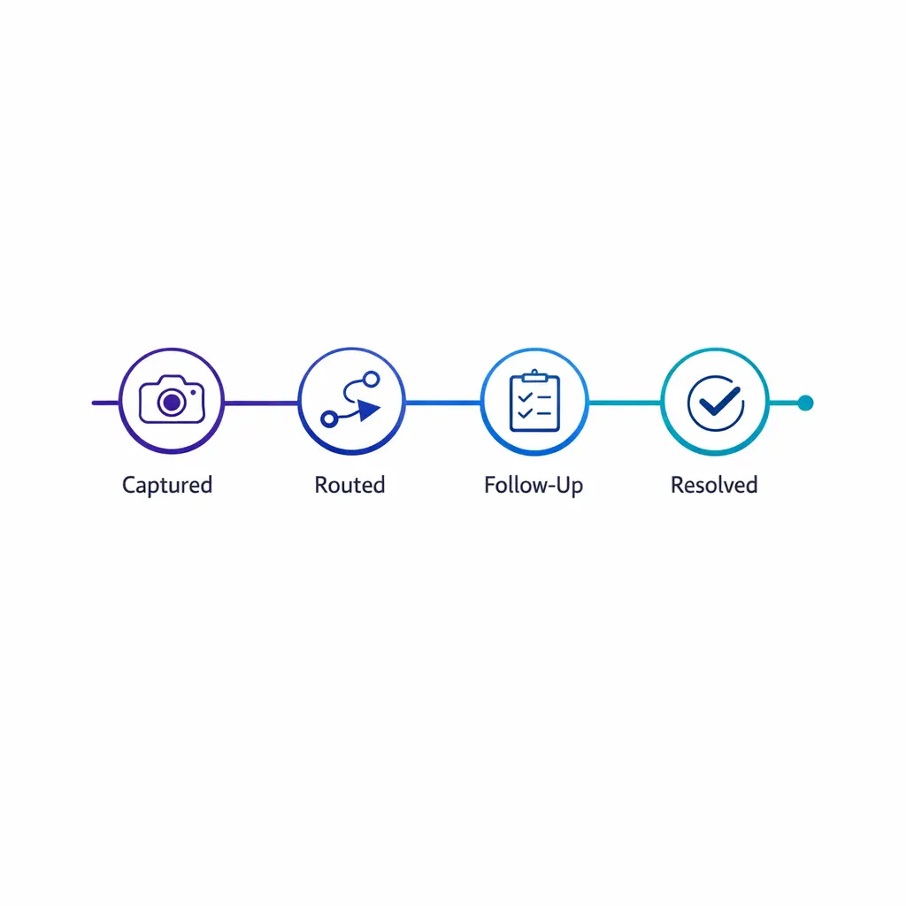 A simple timeline shows who owns the next action and when the caller should expect follow-up.