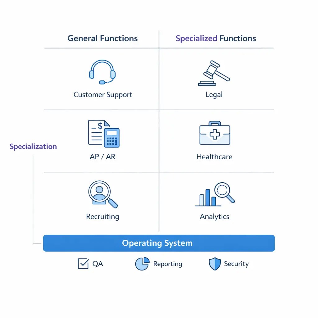 A matrix shows cross-industry functions versus industry-specific playbooks on a shared operating system.