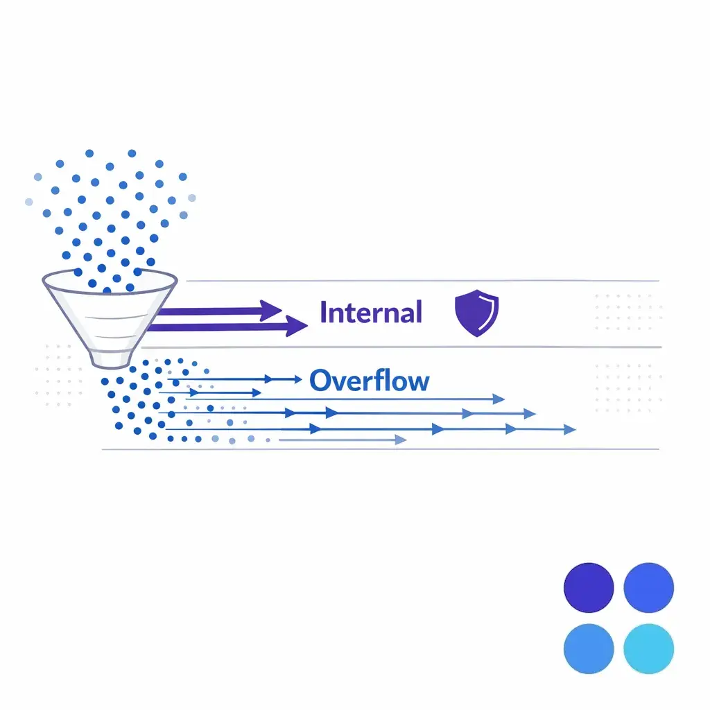 Two lanes illustrate internal support handling high-risk work while an overflow partner handles standard volume.