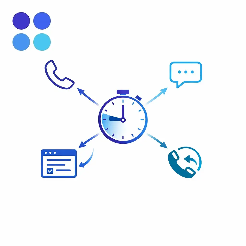 Voice, chat, web form, and callback icons feed into a single first response timer for omnichannel coverage.