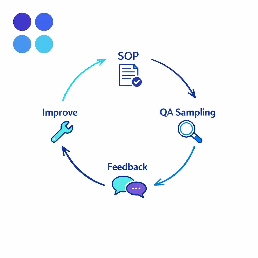 A closed-loop diagram shows SOPs, sampling reviews, feedback, and continuous improvement.