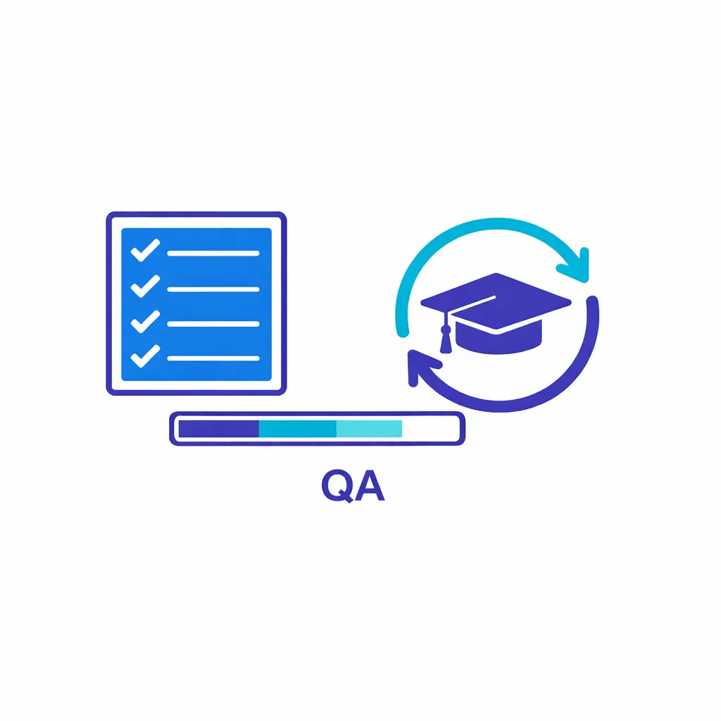 A scored checklist feeds into a coaching cycle with continuous improvement arrows.
