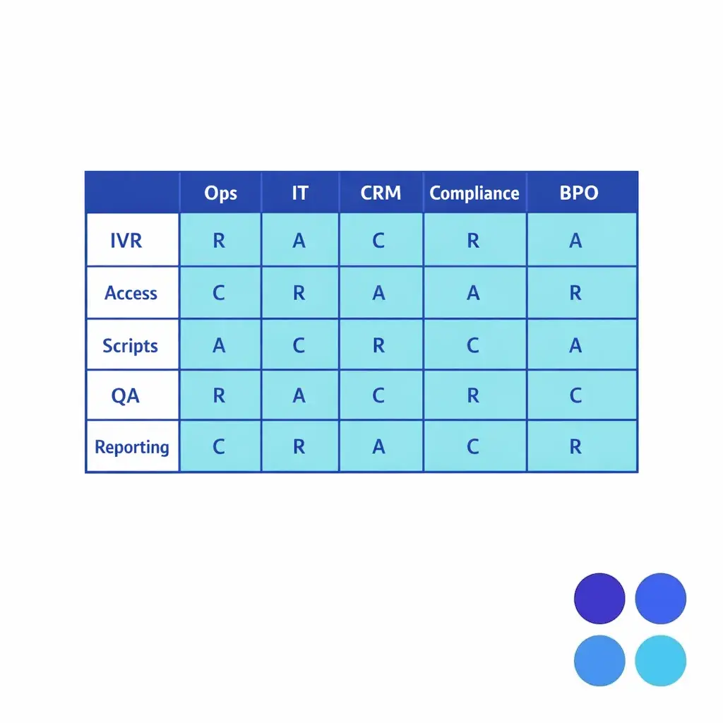 A compact RACI grid shows Ops, IT, CRM, Compliance, and BPO aligned on responsibilities.