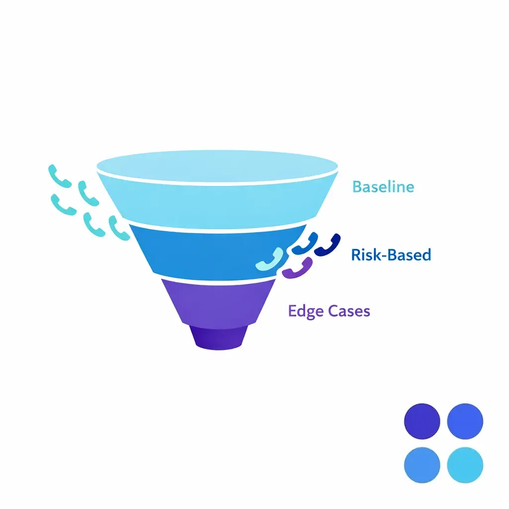 A sampling funnel illustrates baseline, risk-based, and edge-case call selection for audits.