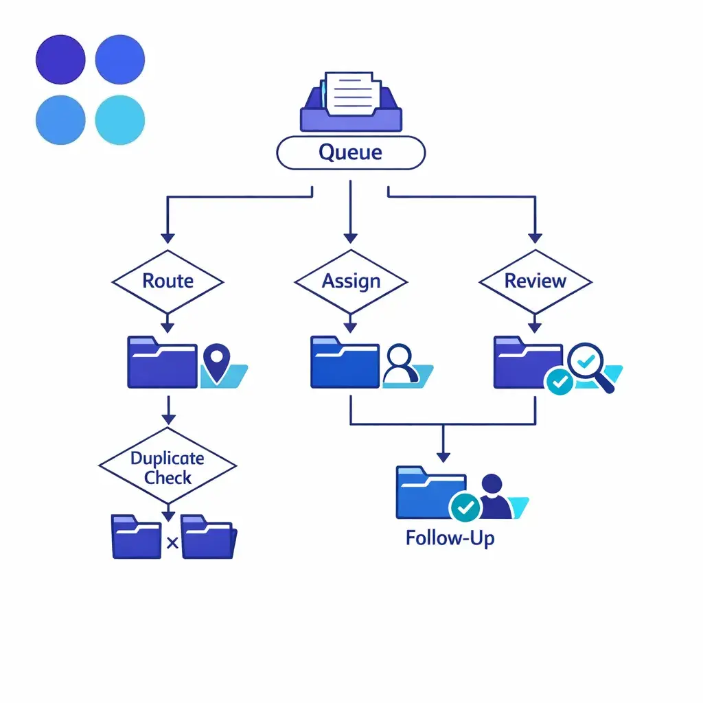 Structured queue triage routes intake records by fixed rules without requiring legal judgment.