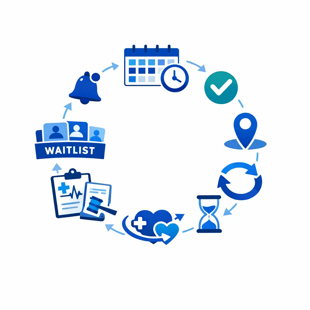 A circular scheduling diagram shows confirmations, reschedules, waitlist fills, and no-show recovery working together.