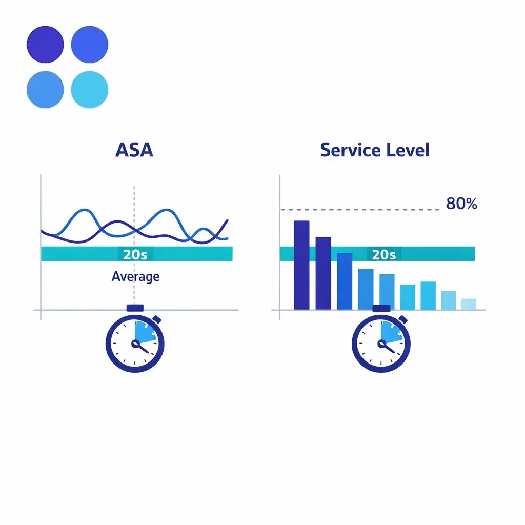 A threshold chart contrasts average answer speed with the percentage answered within target time.