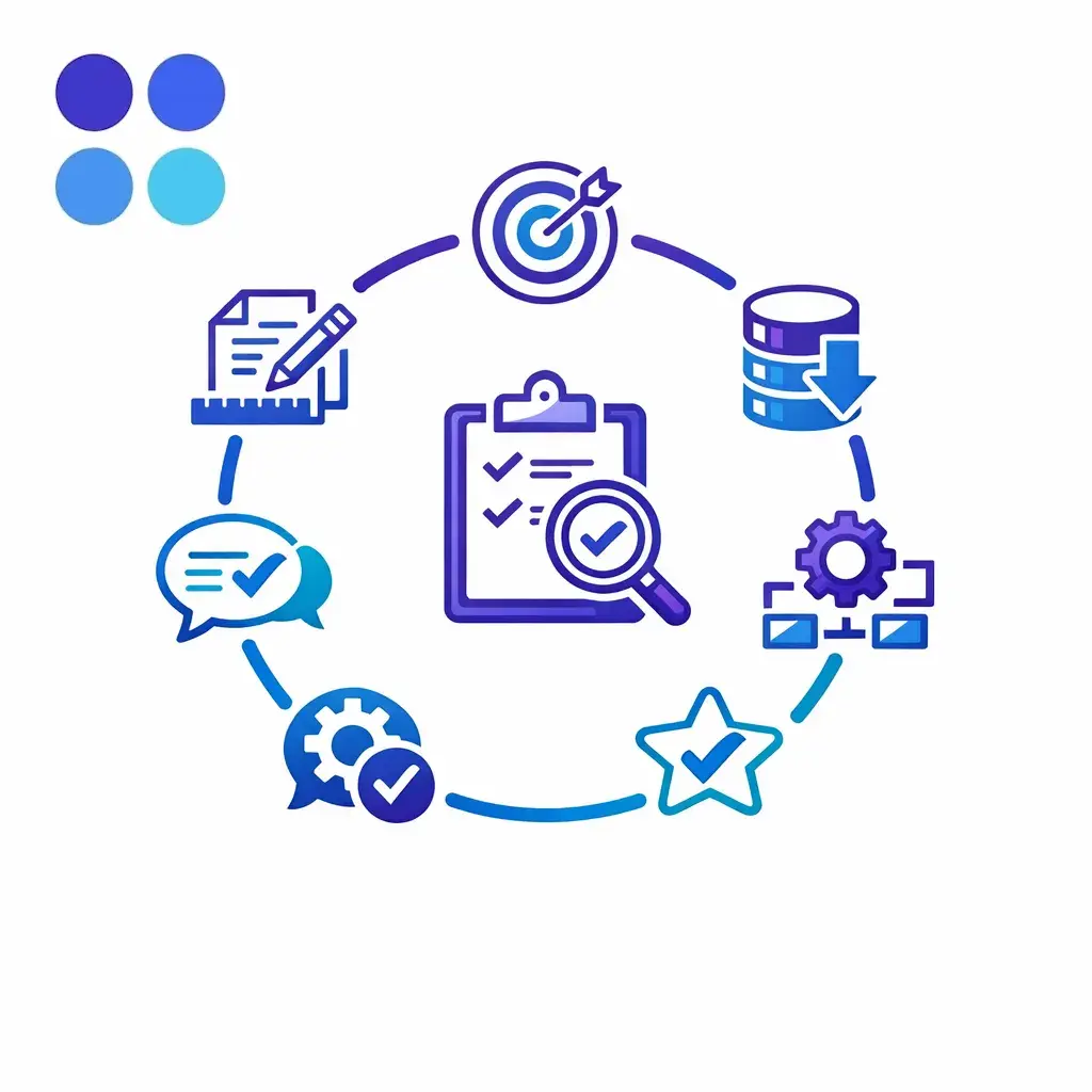 A six-step circular roadmap illustrates scope, data, workflows, scoring, feedback, and prioritized fixes.