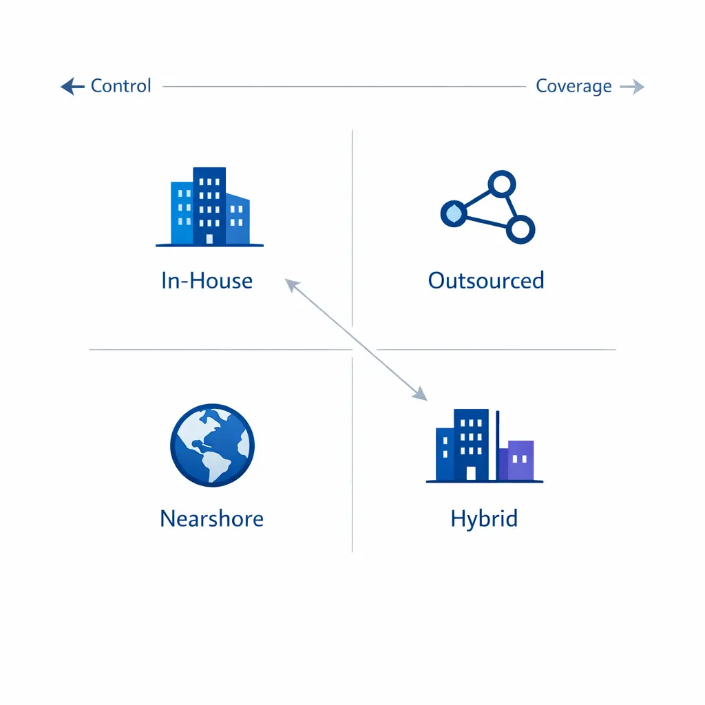 Four connected model tiles compare in-house, outsourced, nearshore, and hybrid support options.