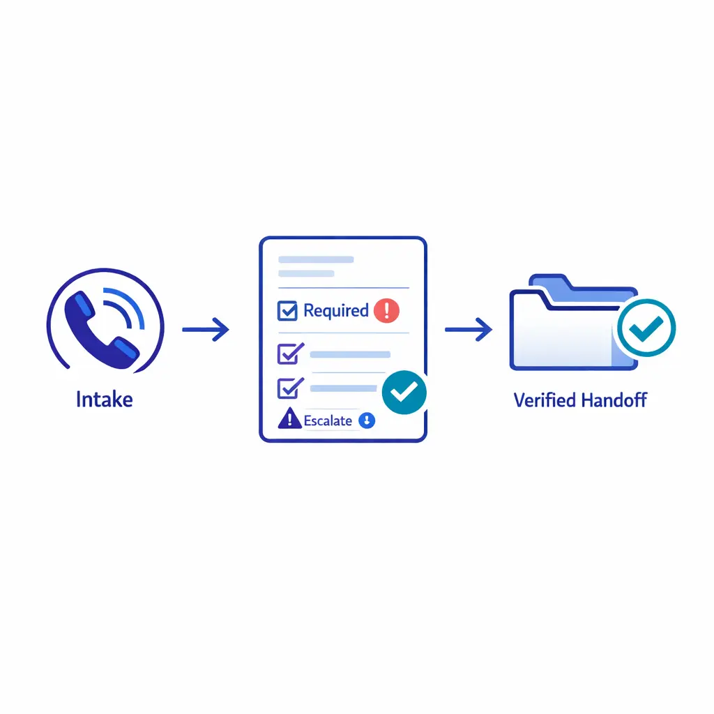 A form-based intake workflow highlights required fields, consistency, and accurate handoff for high-volume calls.