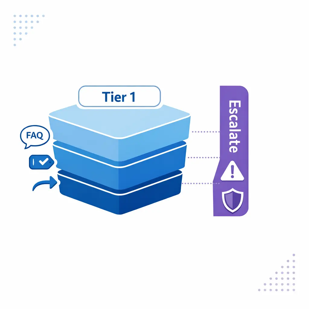 A tiered support funnel highlights Tier 1 handling and immediate escalation triggers.