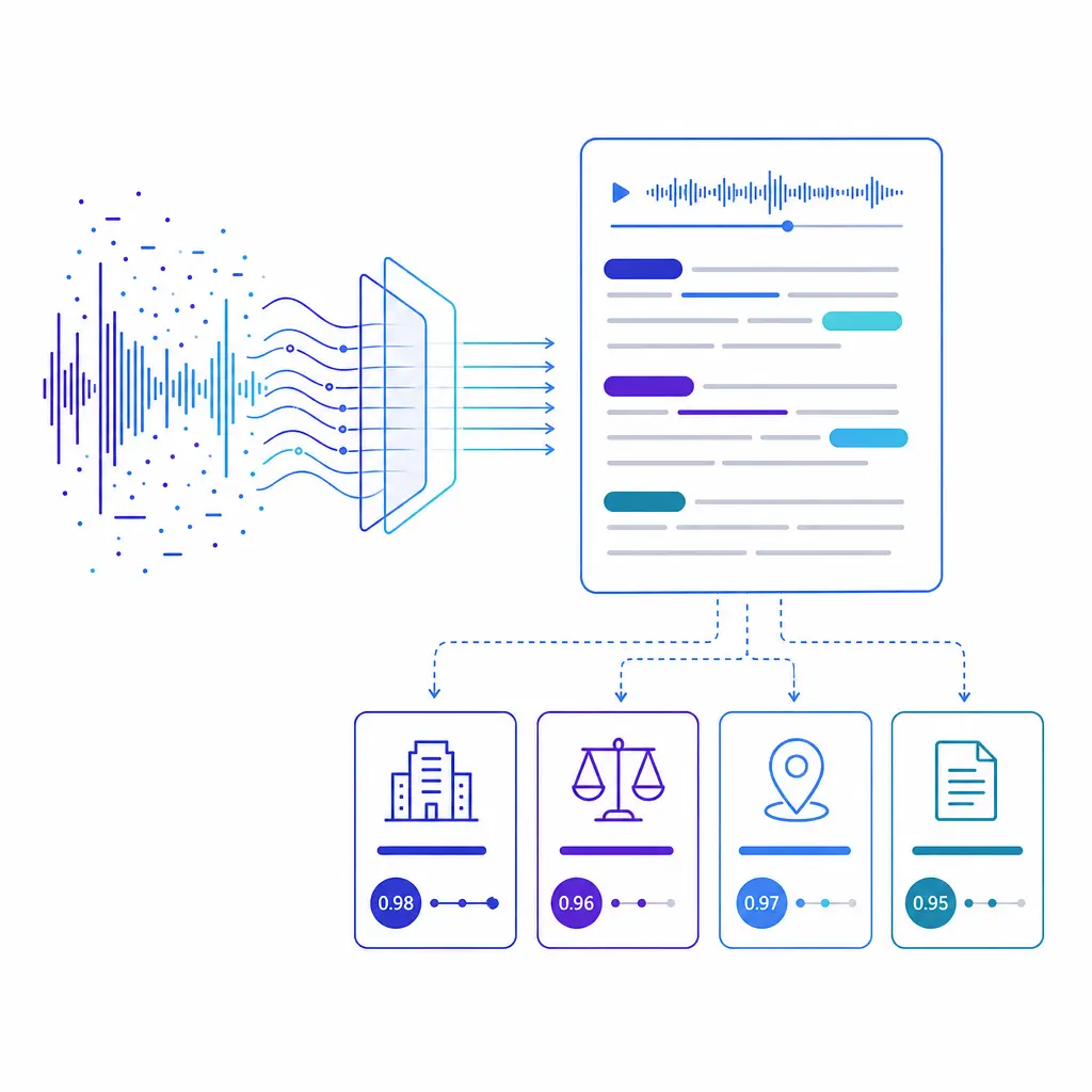A central transcript panel highlights accurate domain terms feeding reliable downstream analytics.
