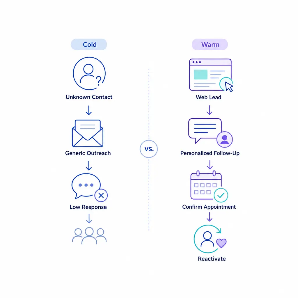 A split visual contrasts cold prospecting with warm follow-up and service-based outreach.