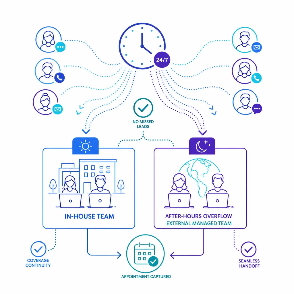 Incoming call waves continue beyond business hours into an external coverage lane that captures every lead.