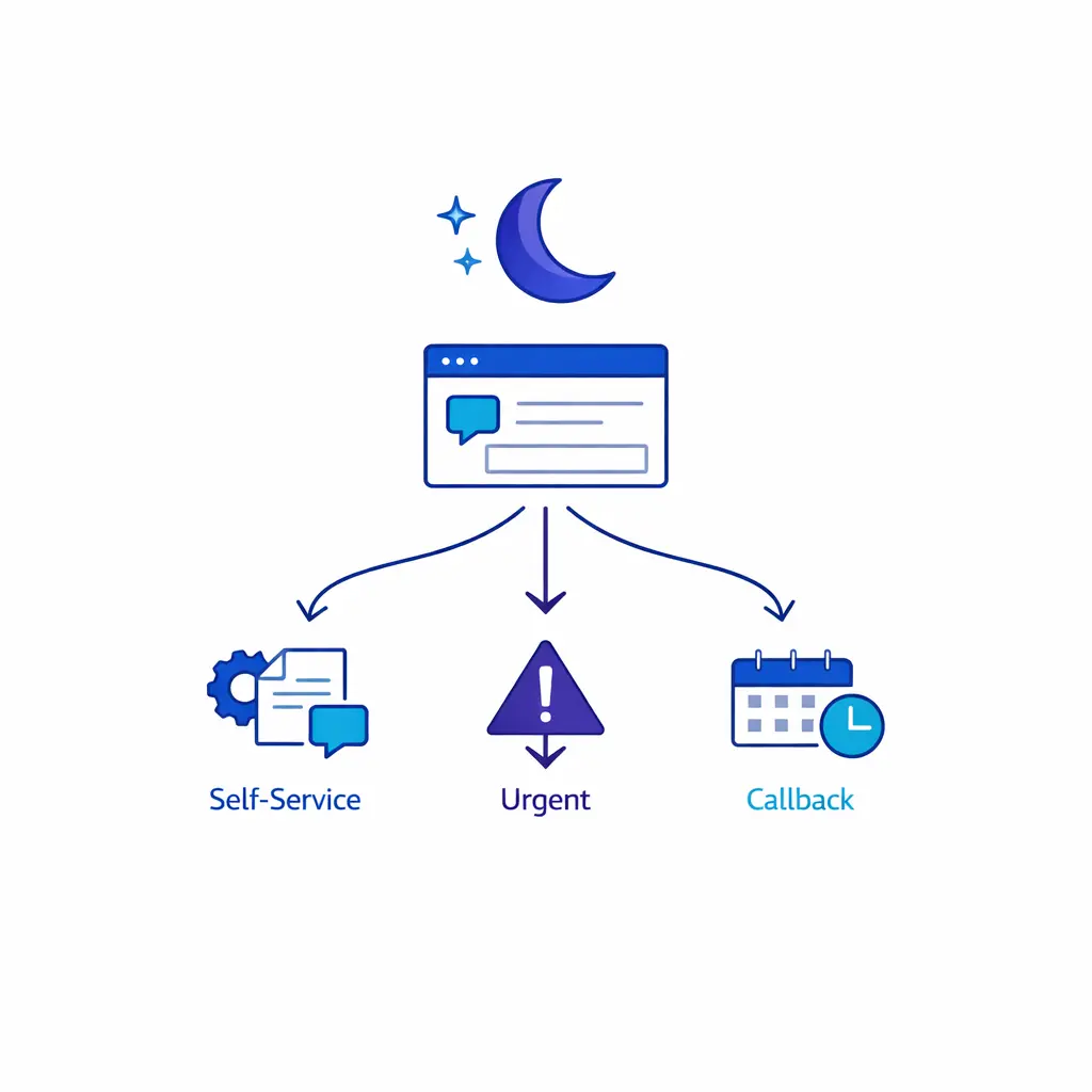 An after-hours coverage concept shows nighttime chat intake, urgent escalation, and next-day follow-up paths.