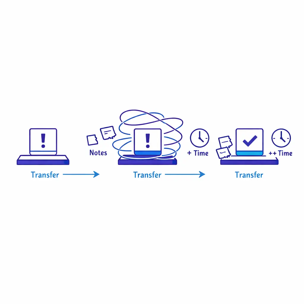 A customer issue passes through multiple transfer arrows while notes get lost and labor time increases.