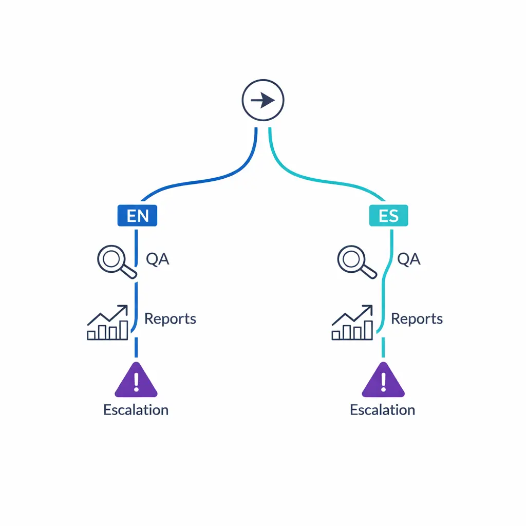 Language-based routing paths split cleanly into bilingual queues with equal QA and escalation support.