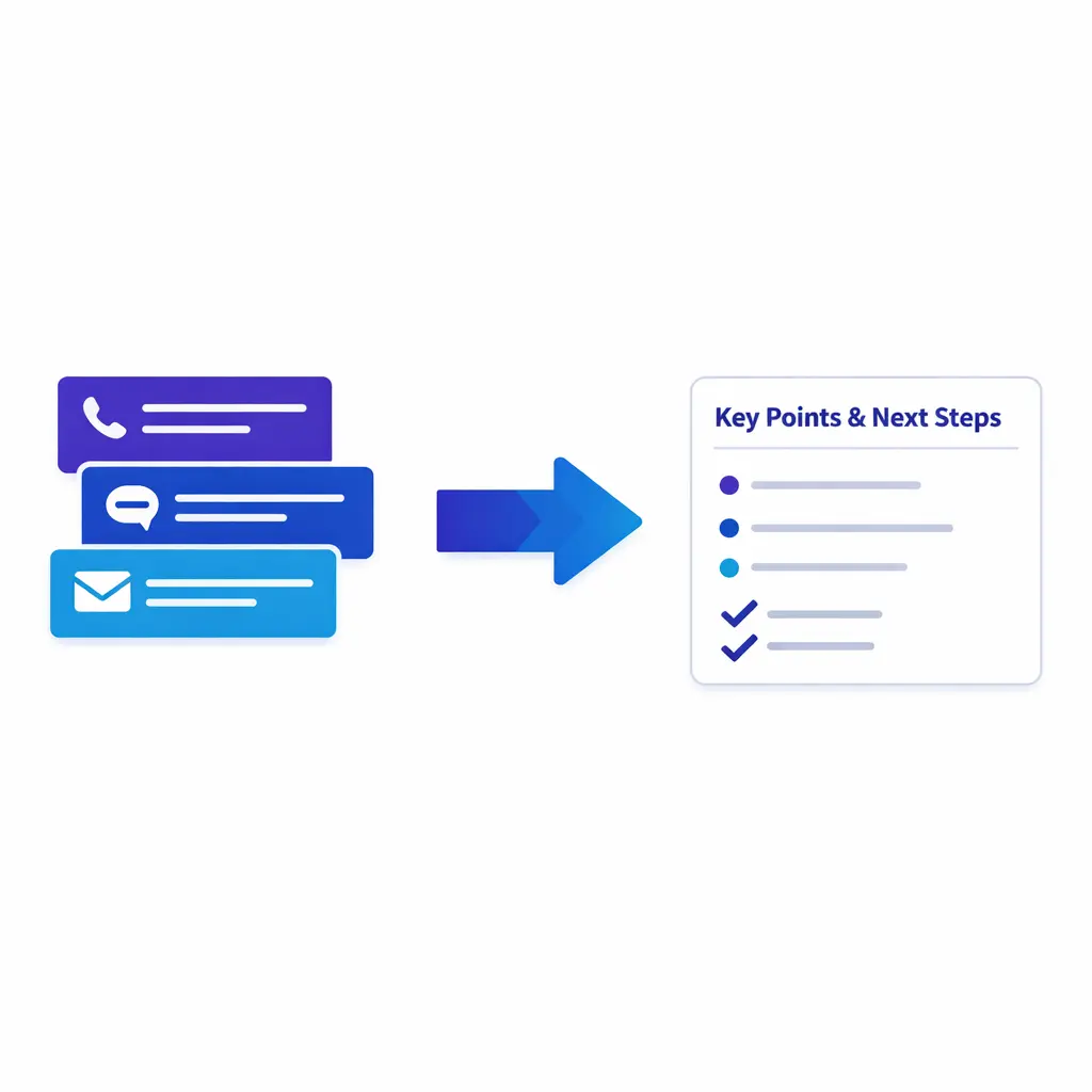 Short message blocks and a recap arrow show simple communication across service channels.