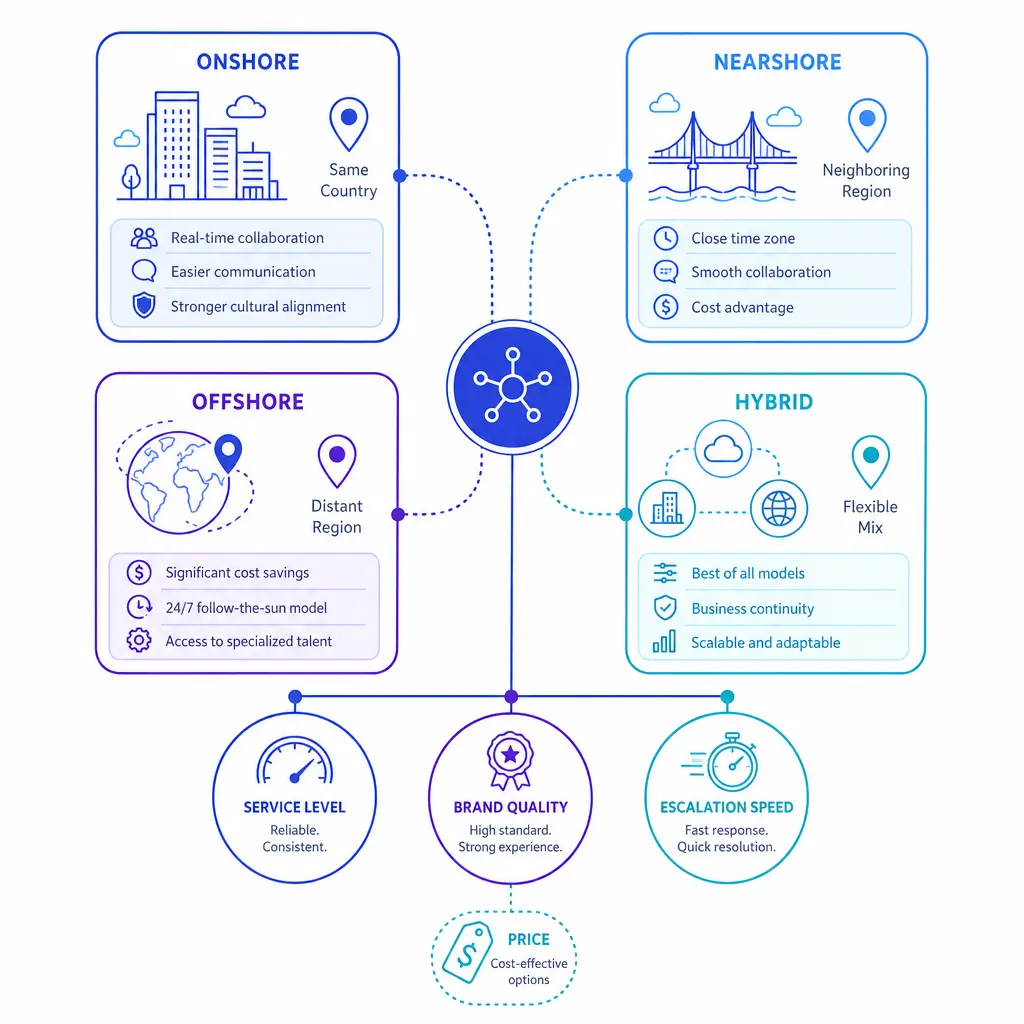 A balanced model chart compares onshore, nearshore, offshore, and hybrid options without focusing on cost alone.
