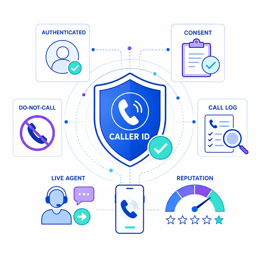 A caller ID shield, consent checkmarks, and audit trail icons depict compliant outbound planning.
