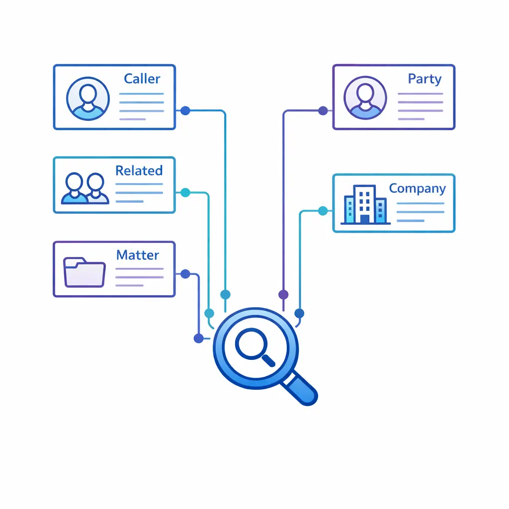 Structured fields and linked names show consistent conflict-check collection before attorney review.